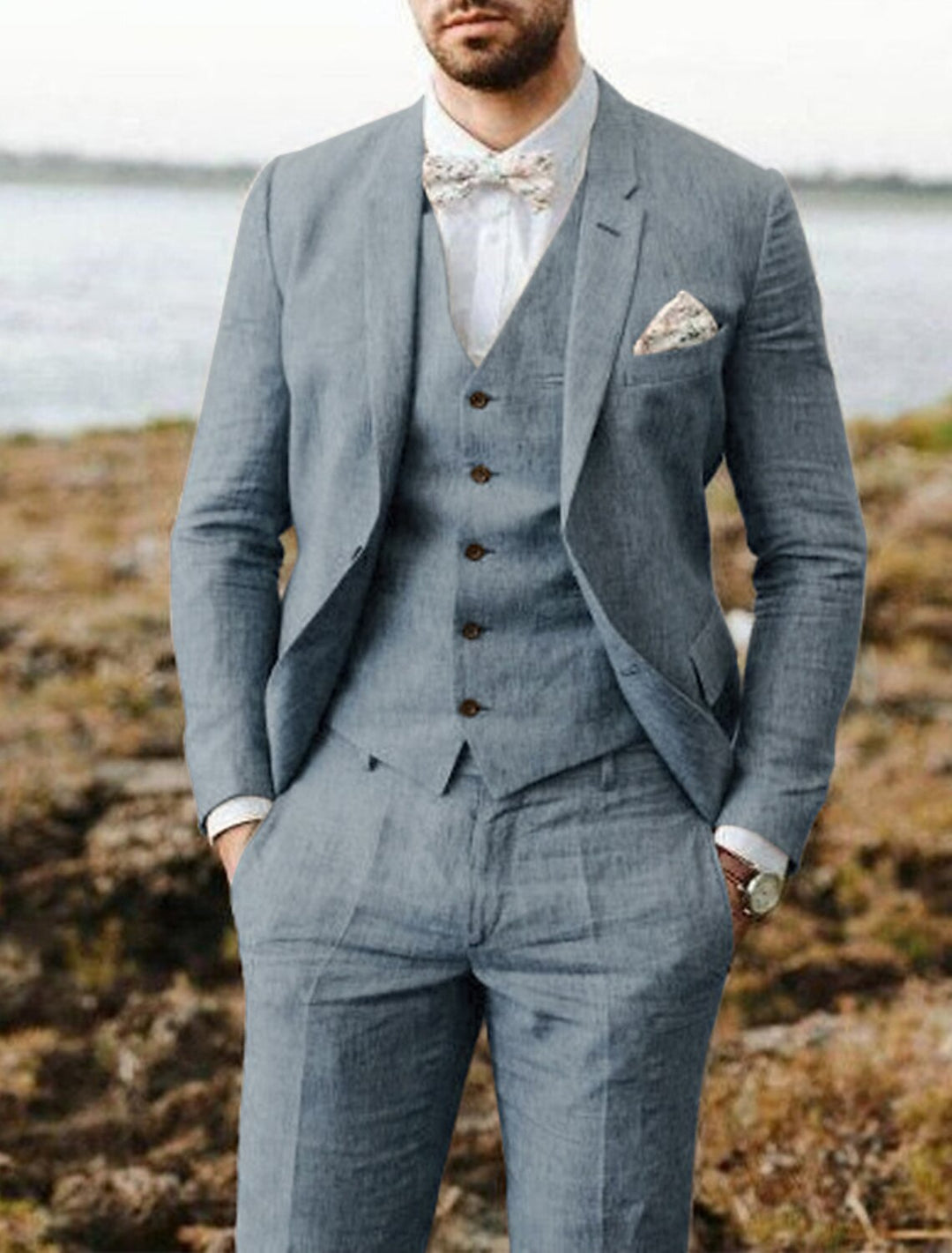 Costumes 3 Pièces en Lin de Couleur Unie à Simple Boutonnage et Deux Boutons pour Hommes, Coupe Ajustée