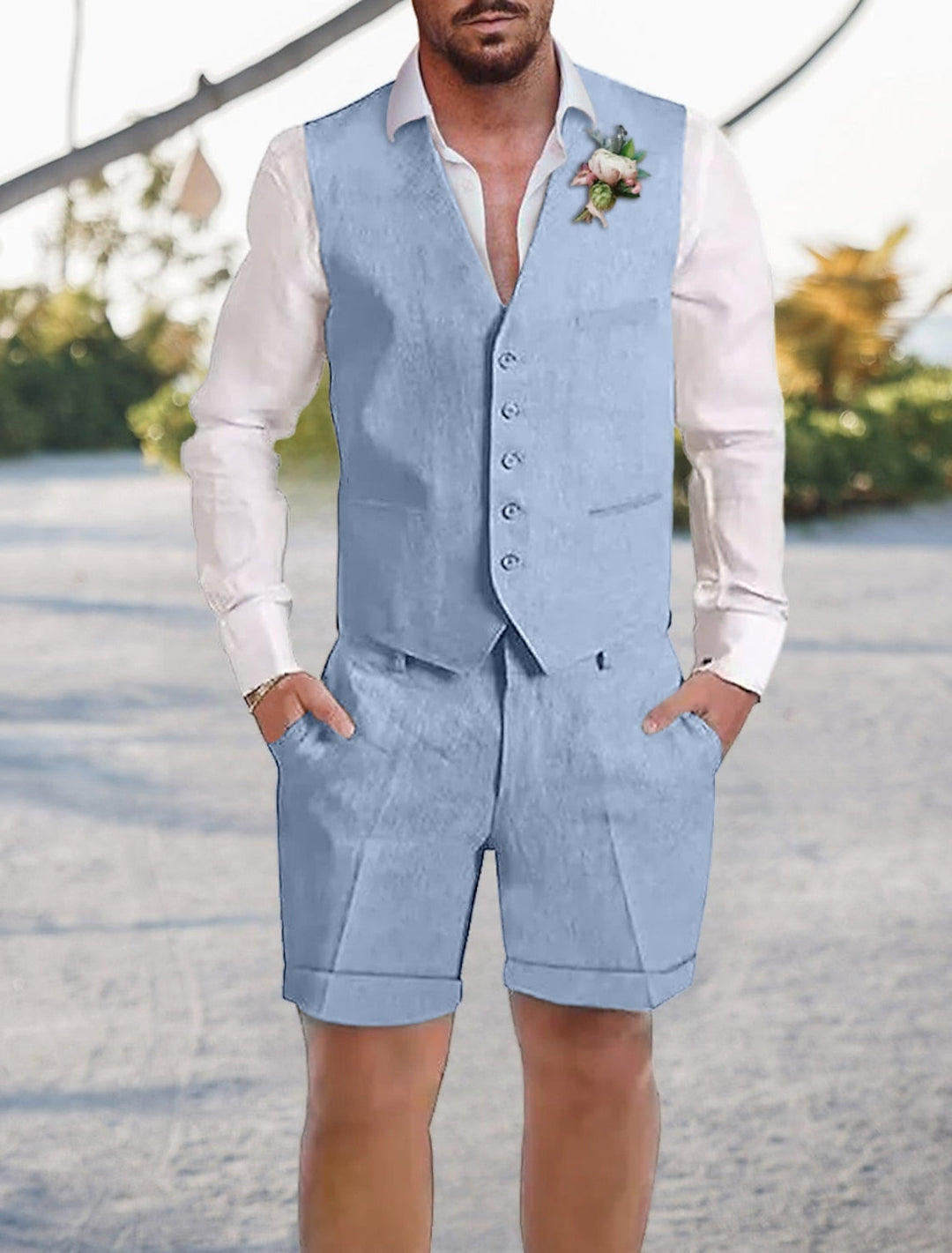Costumes 2 Pièces en Lin de Couleur Unie à Coupe Ajustée pour Hommes
