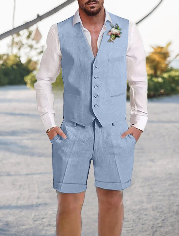 Costumes 2 Pièces en Lin de Couleur Unie à Coupe Ajustée pour Hommes