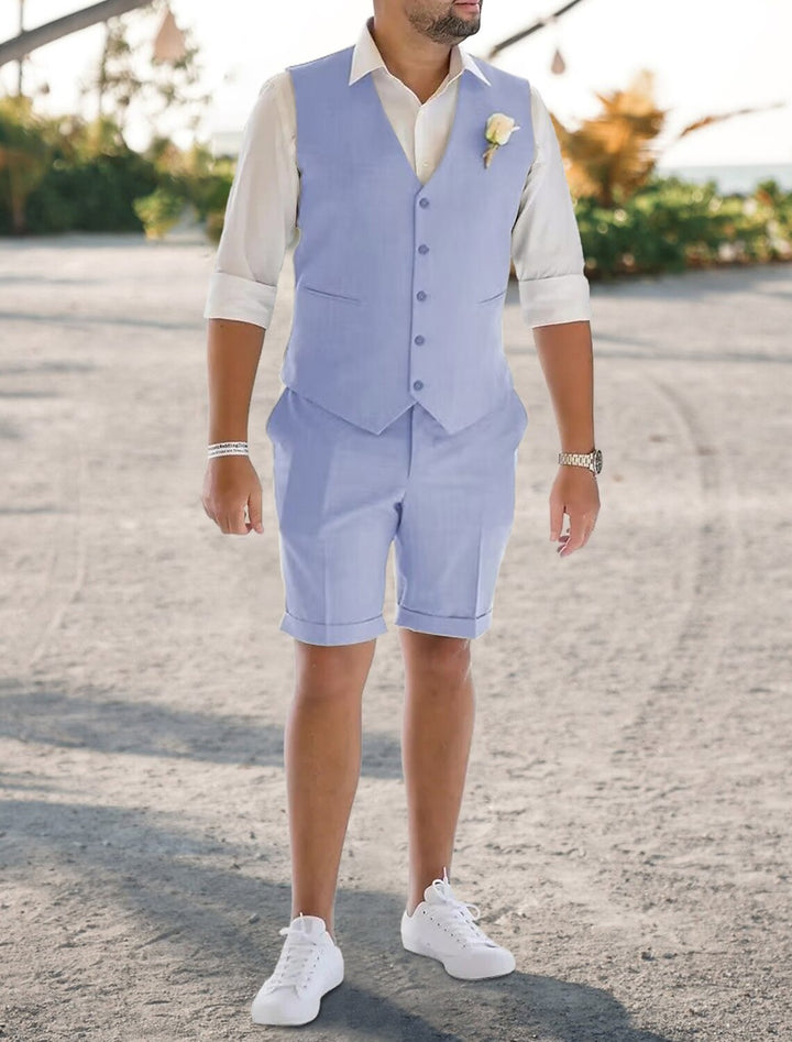 Costumes 2 Pièces en Lin de Couleur Unie à Coupe Ajustée pour Hommes