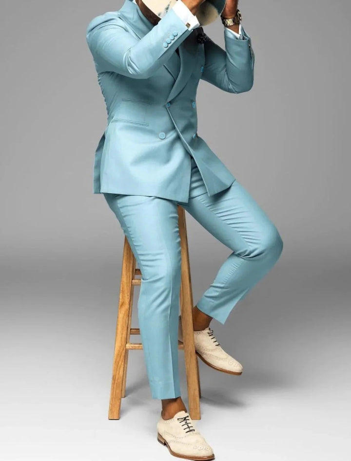 Costume de Mariage 2 Pièces Bleu Ciel pour Homme, Coupe Ajustée, Croisé, Six Boutons, Couleur Unie