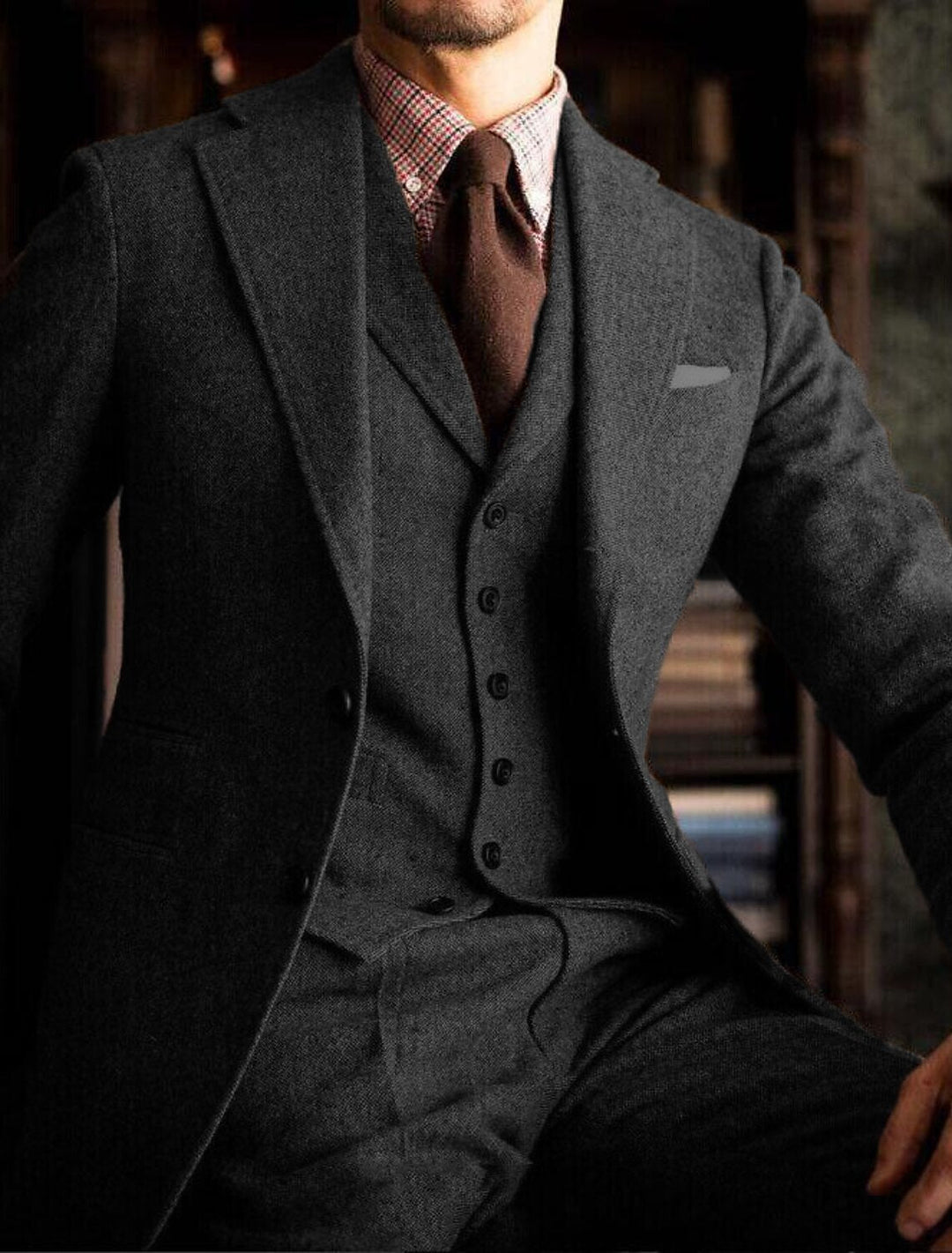 Costumes de Mariage 3 Pièces en Tweed de Couleur Unie à Simple Boutonnage et à Deux Boutons pour Hommes