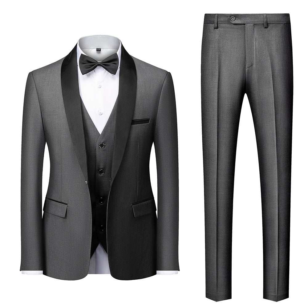 Costumes de Mariage 3 Pièces pour Hommes, Coupe Ajustée, Simple Boutonnage, Couleur Unie, Bleu Bordeaux Gris Rouge Noir