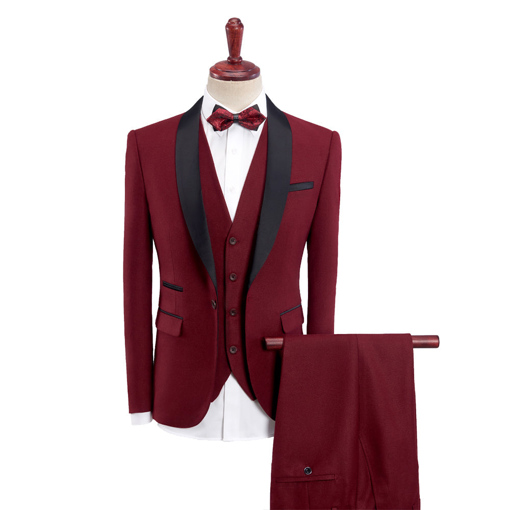Costumes de Mariage 3 Pièces pour Hommes, Coupe Ajustée, Simple Boutonnage, Couleur Unie, Kaki, Bordeaux, Bleu, Gris, Noir