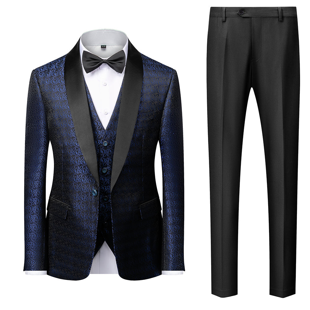 Costume 3 Pièces Imprimé Rouge Bleu Noir Blanc pour Homme, Coupe Ajustée, Simple Boutonnage, Un Bouton, pour Bal de Promo