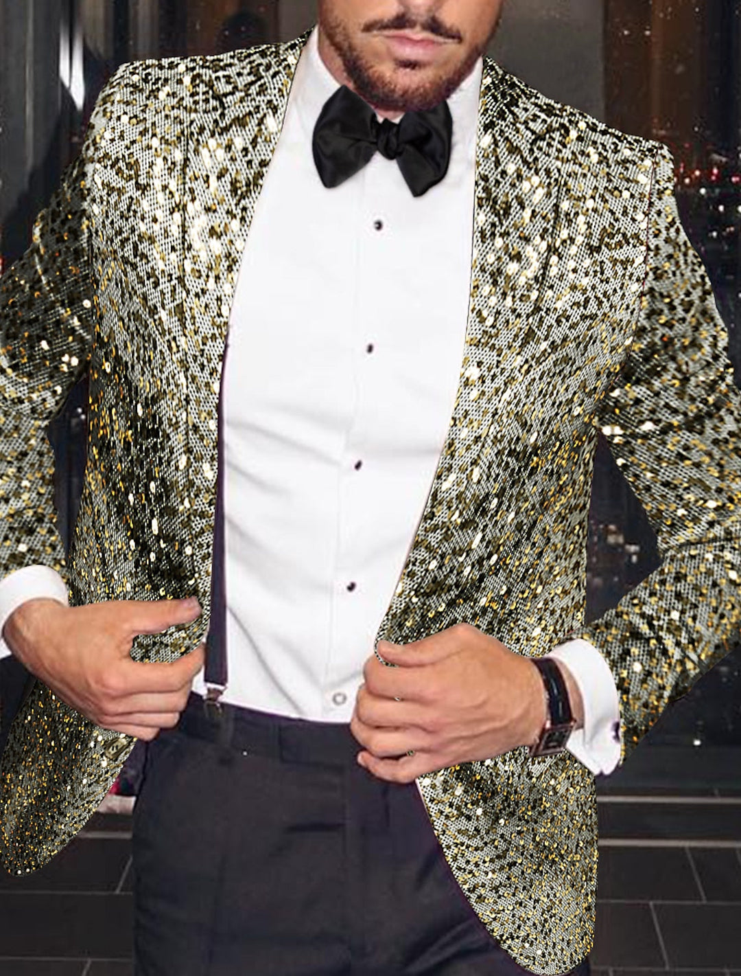 Veste de Soirée à Paillettes à Un Bouton et à Simple Boutonnage pour Homme, Coupe Ajustée, Couleur Or et Argent