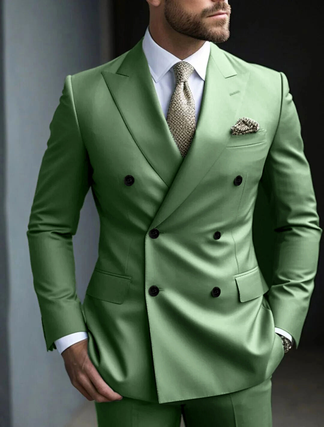 Costume de Soirée 2 Pièces Vert pour Homme, Coupe Ajustée, Couleur Unie, Croisé, à Six Boutons