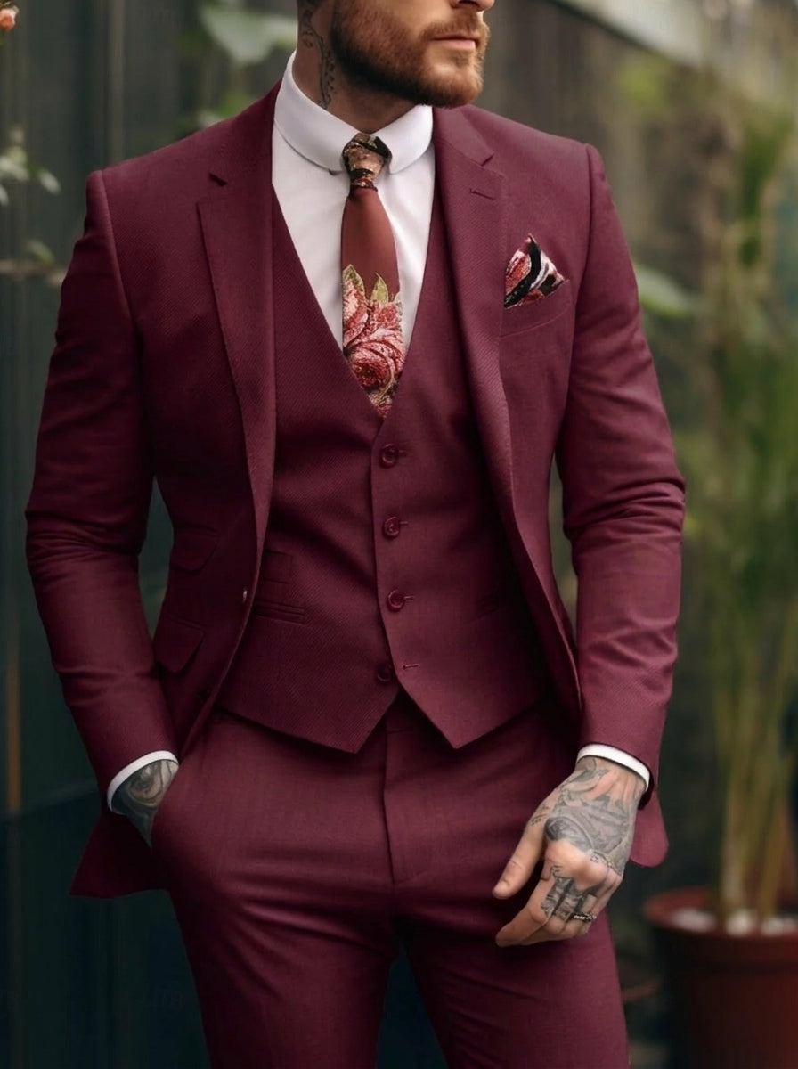 Costumes de Mariage 3 Pièces pour Hommes, Coupe Ajustée, Simple Boutonnage et Un Bouton