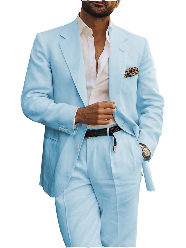 Costumes 2 Pièces en Lin à Coupe Ajustée pour Hommes, à Simple Boutonnage et à Deux Boutons