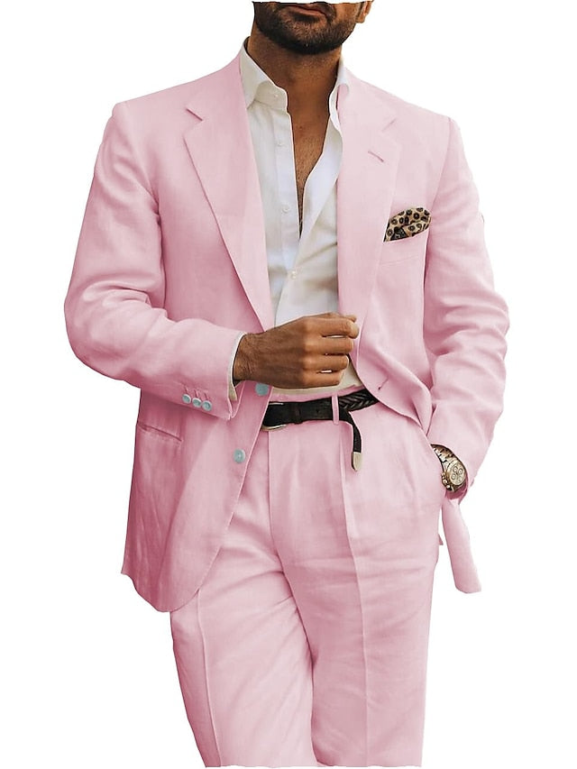 Costumes 2 Pièces en Lin à Coupe Ajustée pour Hommes, à Simple Boutonnage et à Deux Boutons