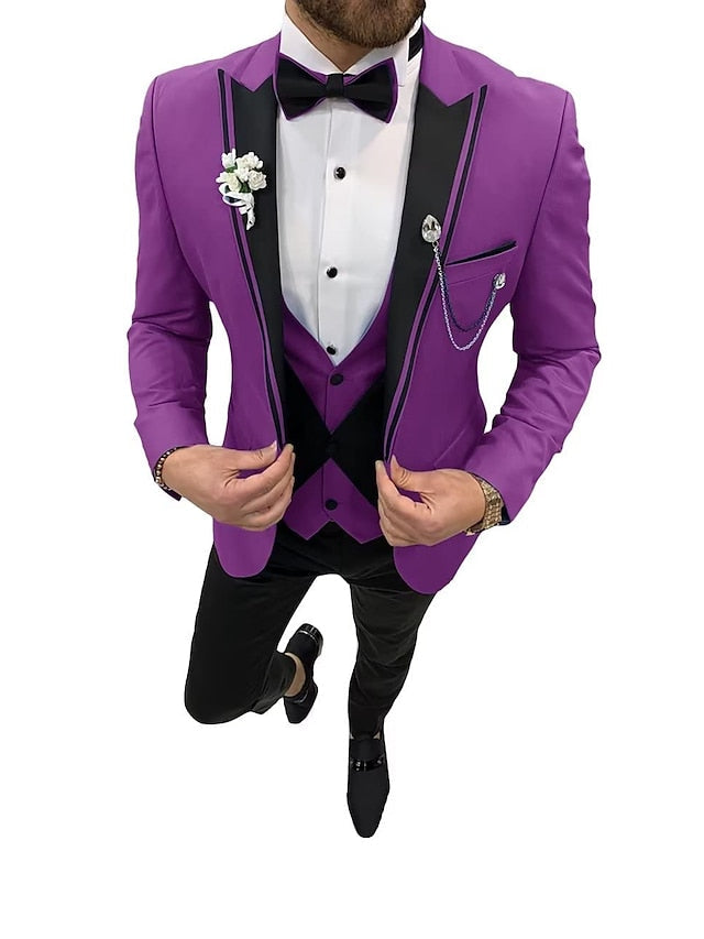 Costumes de Mariage 3 Pièces pour Hommes, Coupe Ajustée, Simple Boutonnage et Un Bouton