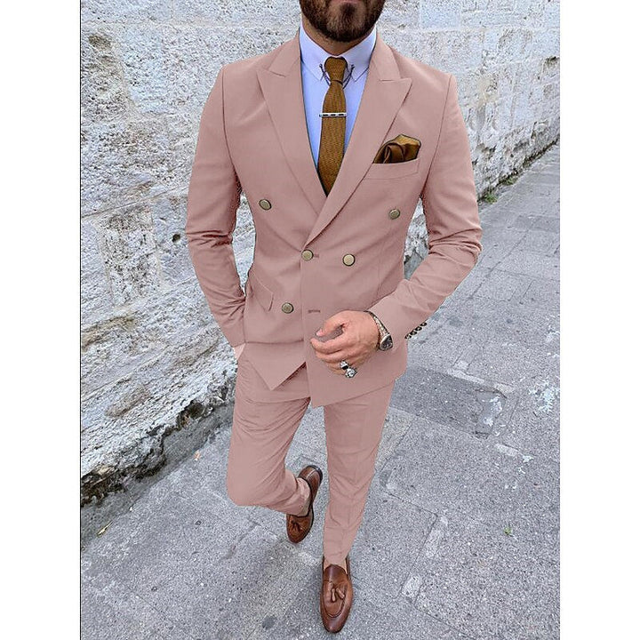 Costumes de Mariage 2 Pièces pour Hommes, Coupe Ajustée, Croisé, Six Boutons, Couleur Unie