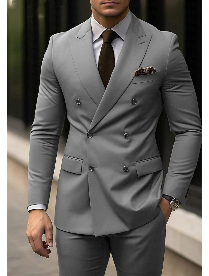 Costume de Mariage 2 Pièces Gris Clair à Coupe Ajustée pour Homme, Croisé, à Six Boutons