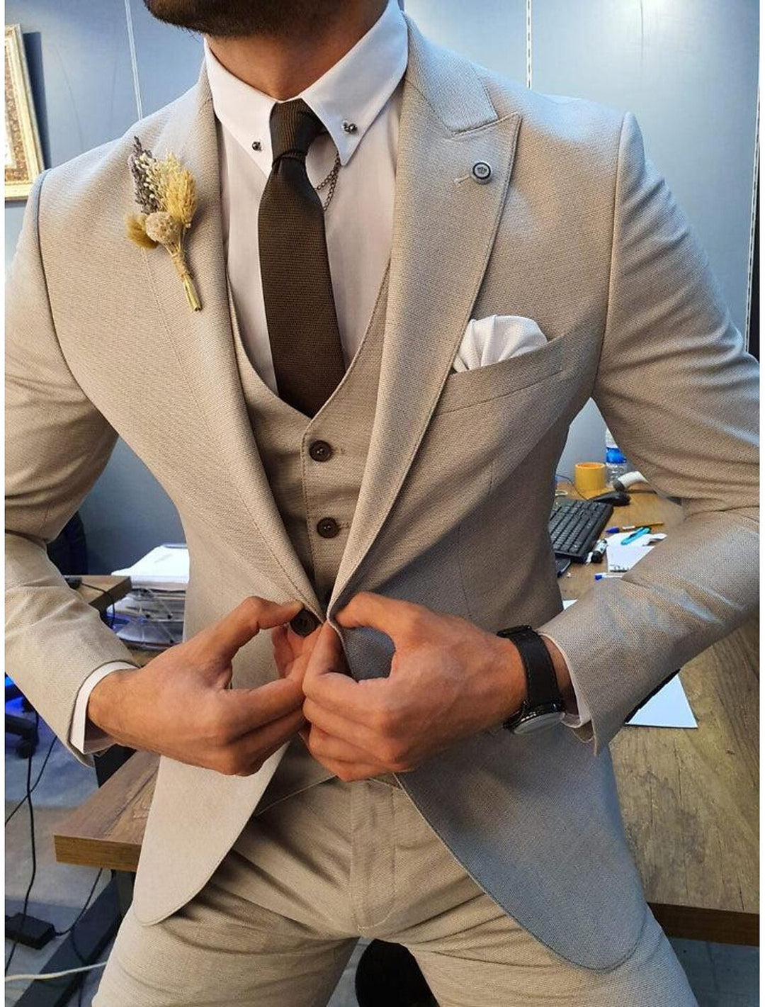 Costume de Mariage Formel pour Homme, Coupe Ajustée, Simple Boutonnage, 3 Pièces, à Un Bouton