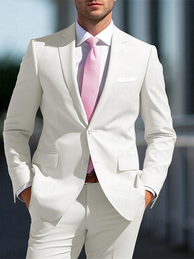 Costumes de Mariage 2 Pièces Blancs et Roses pour Hommes, Coupe Ajustée, Simple Boutonnage, Deux Boutons
