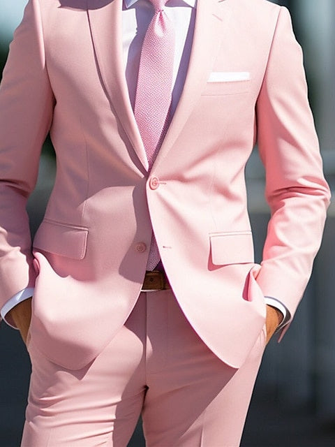 Costumes de Mariage 2 Pièces Blancs et Roses pour Hommes, Coupe Ajustée, Simple Boutonnage, Deux Boutons