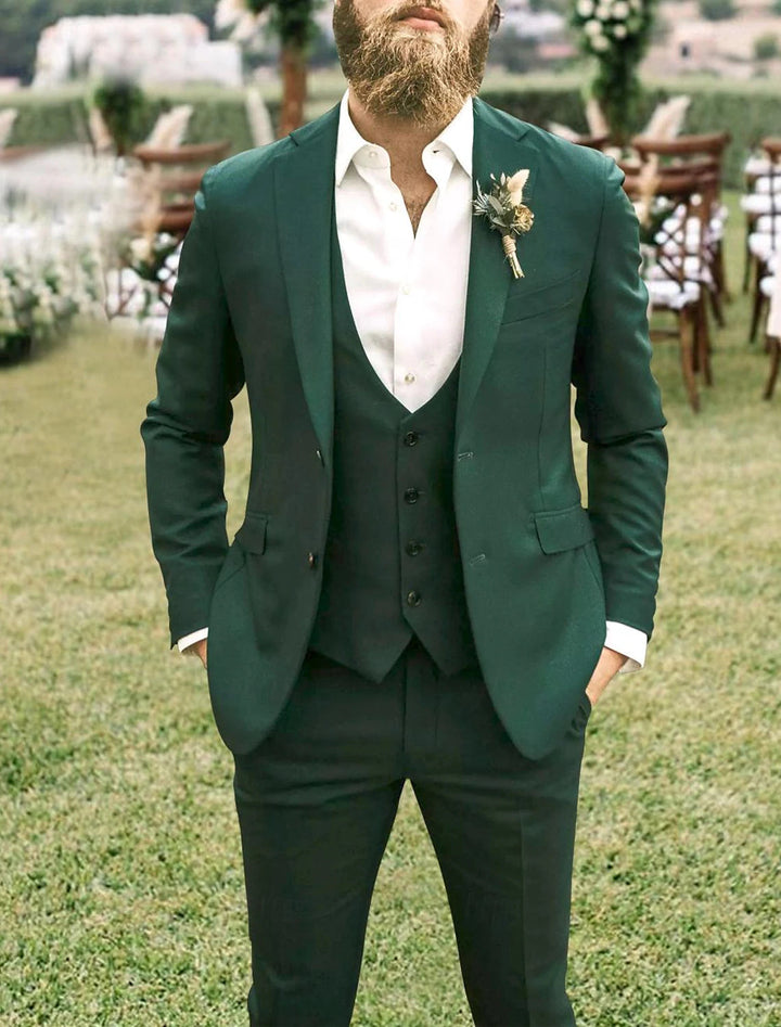 Costume de Mariage 3 Pièces Vert Foncé pour Homme, Coupe Ajustée, Simple Boutonnage, Deux Boutons