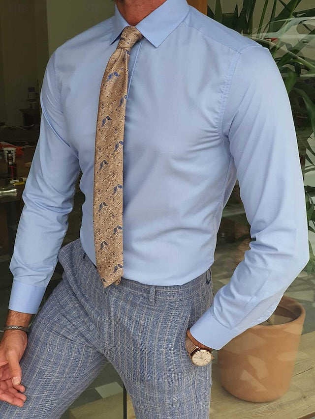 Chemise Bleue pour Homme, Coupe Standard, Manches Longues, Couleur Unie