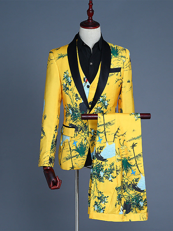 Costumes de Mariage 3 Pièces pour Hommes, Coupe Ajustée, Col Châle, Simple Boutonnage, Un Bouton, en Nylon