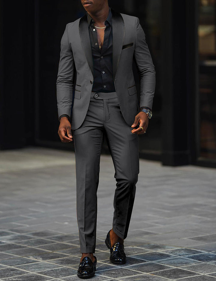 Costume de Mariage 2 Pièces Gris Foncé pour Homme, Coupe Ajustée, Simple Boutonnage, Un Bouton