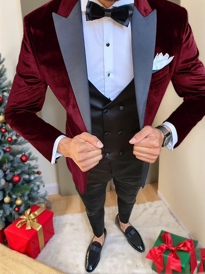 Veste homme 3 pièces noir, bleu, bordeaux, vintage, velours, uni, coupe régulière, droit, 1 bouton, pour soirée