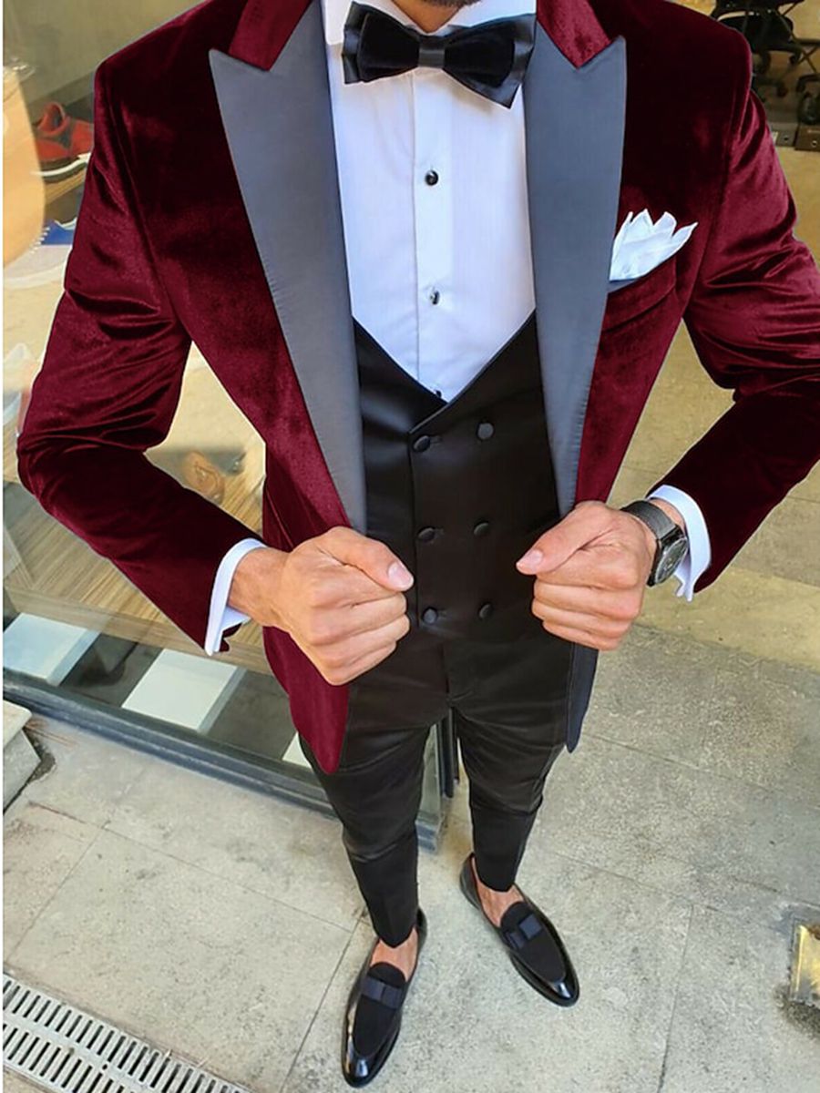 Veste homme 3 pièces noir, bleu, bordeaux, vintage, velours, uni, coupe régulière, droit, 1 bouton, pour soirée