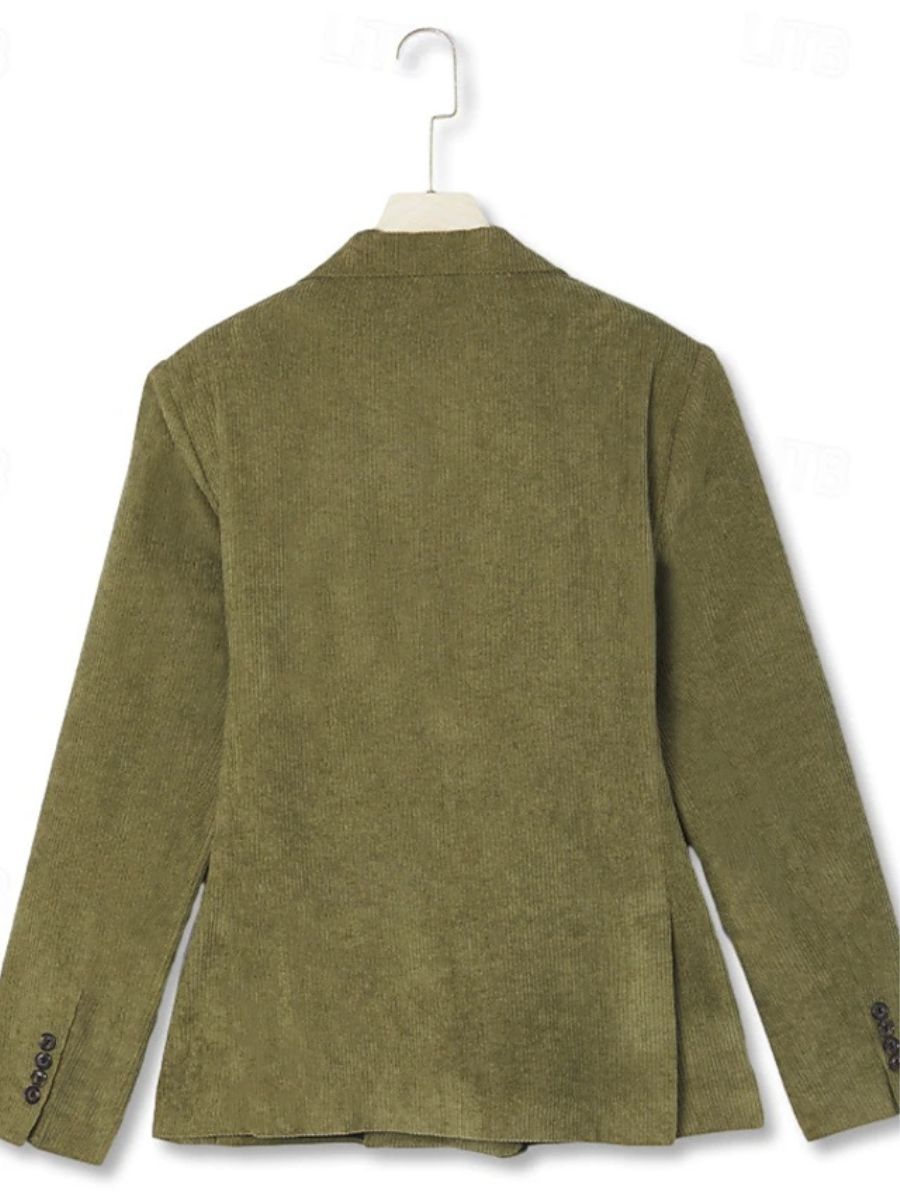 Veste de costume homme deux pièces sauge, velours côtelé, revers pointus, coupe régulière, croisé, 6 boutons, pour soirée