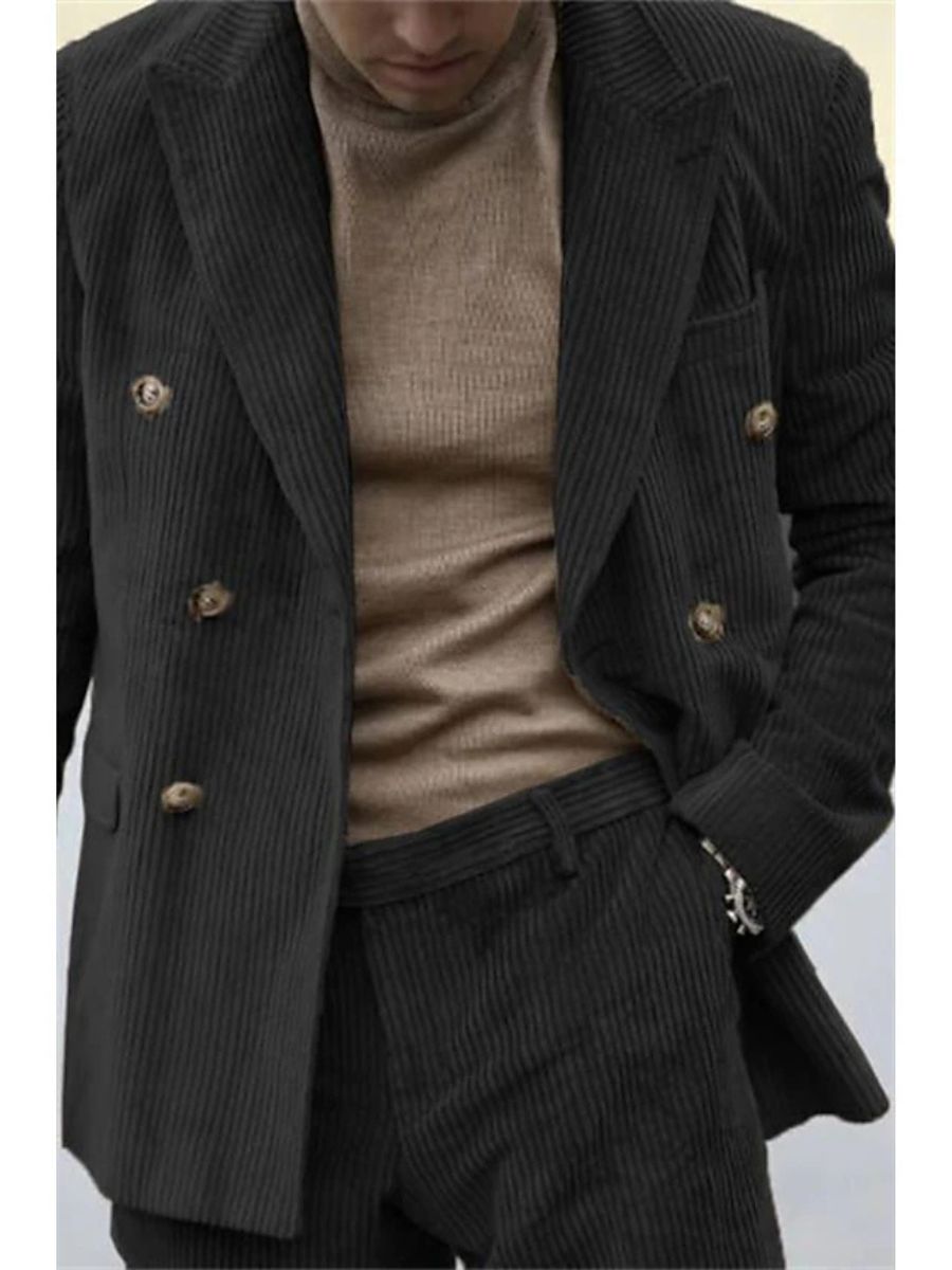 Veste de costume homme deux pièces sauge, velours côtelé, revers pointus, coupe régulière, croisé, 6 boutons, pour soirée
