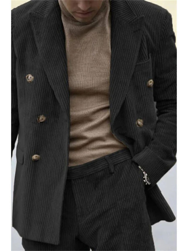 Veste de costume homme deux pièces sauge, velours côtelé, revers pointus, coupe régulière, croisé, 6 boutons, pour soirée