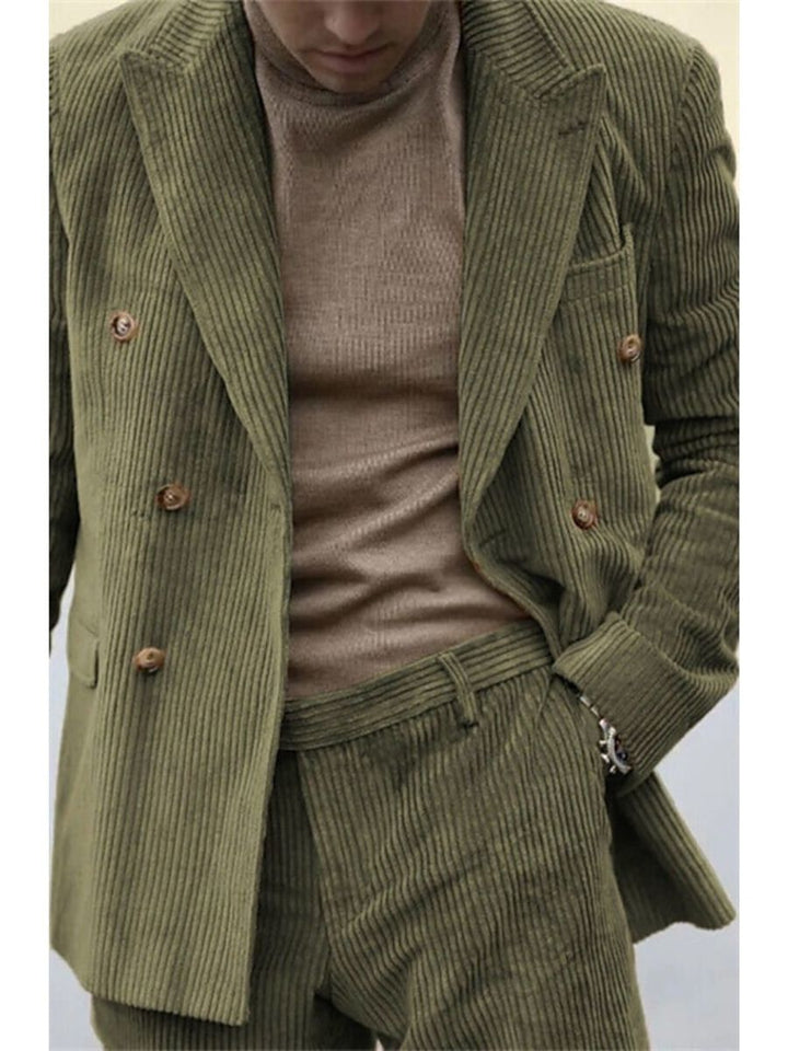Veste de costume homme deux pièces sauge, velours côtelé, revers pointus, coupe régulière, croisé, 6 boutons, pour soirée