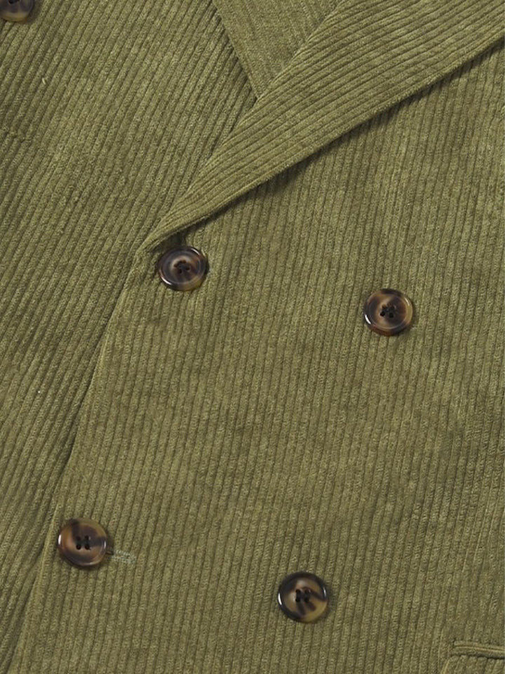Veste de costume homme deux pièces sauge, velours côtelé, revers pointus, coupe régulière, croisé, 6 boutons, pour soirée