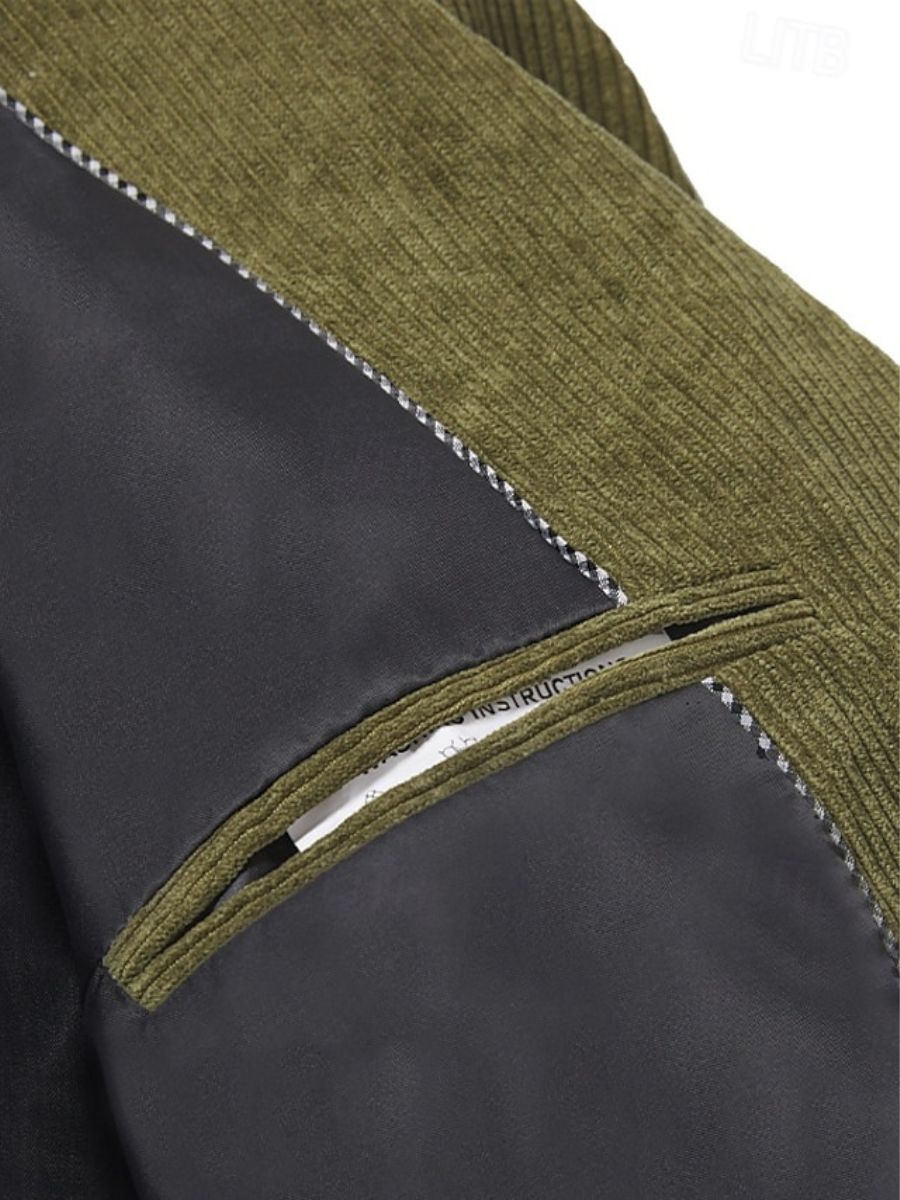 Veste de costume homme deux pièces sauge, velours côtelé, revers pointus, coupe régulière, croisé, 6 boutons, pour soirée