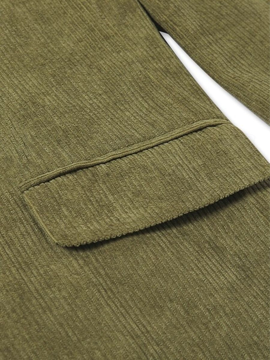 Veste de costume homme deux pièces sauge, velours côtelé, revers pointus, coupe régulière, croisé, 6 boutons, pour soirée