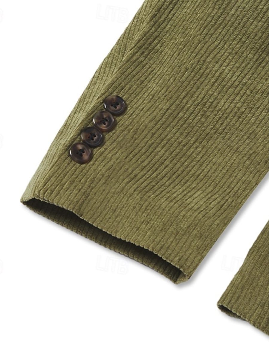 Veste de costume homme deux pièces sauge, velours côtelé, revers pointus, coupe régulière, croisé, 6 boutons, pour soirée