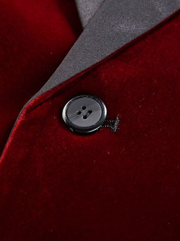 Veste homme rouge, velours, soirée, revers pointus, coupe régulière, droit, 1 bouton