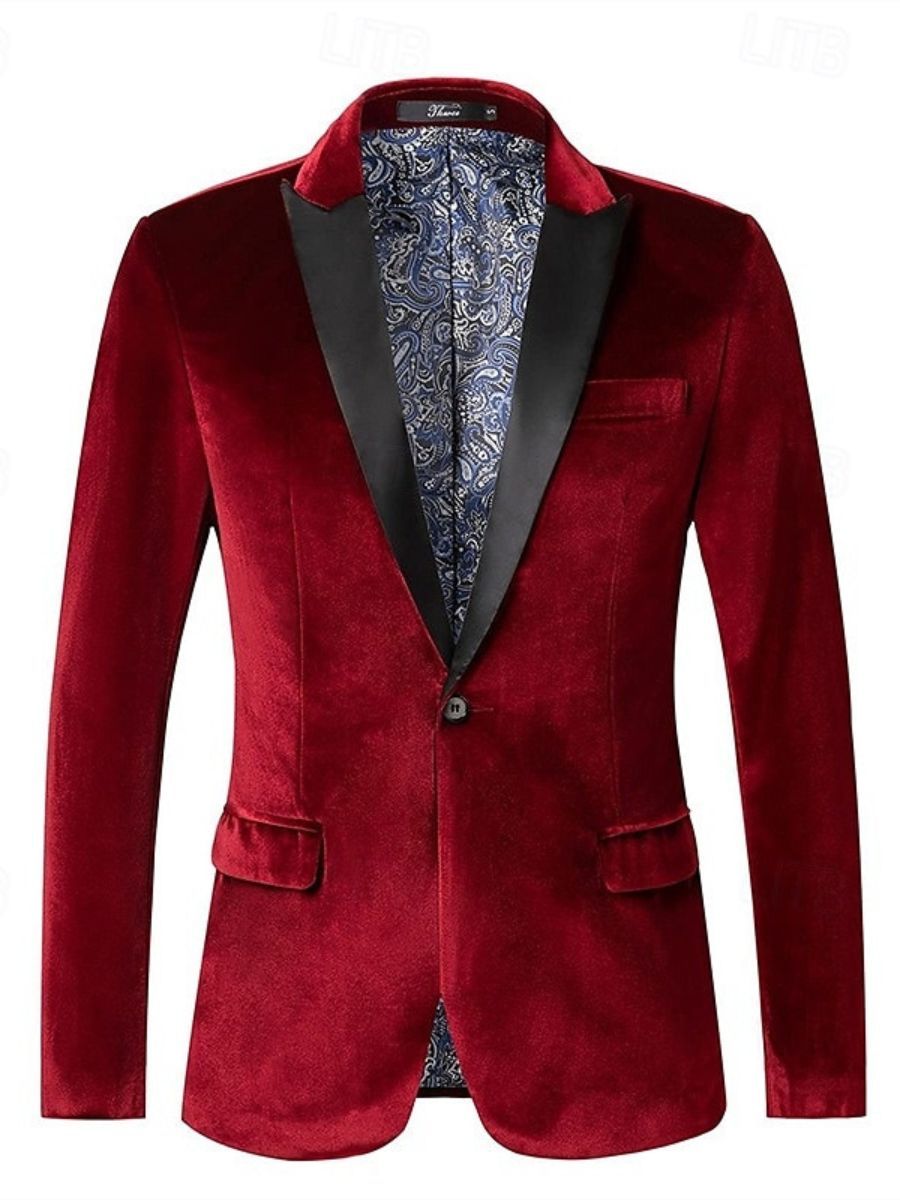 Veste homme rouge, velours, soirée, revers pointus, coupe régulière, droit, 1 bouton