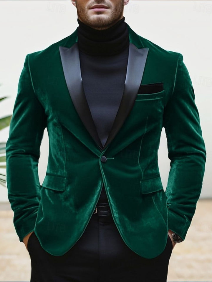 Veste homme rouge, velours, soirée, revers pointus, coupe régulière, droit, 1 bouton