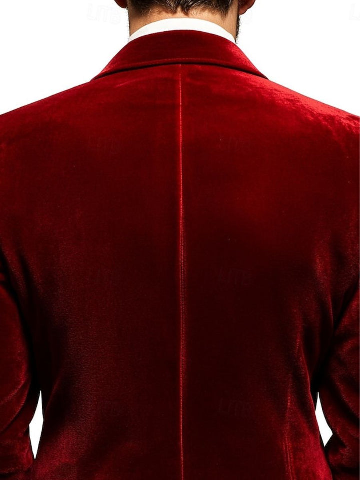 Veste homme rouge, velours, soirée, revers pointus, coupe régulière, droit, 1 bouton