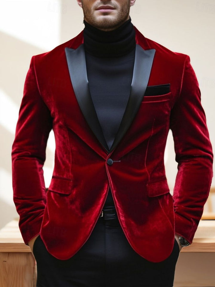 Veste homme rouge, velours, soirée, revers pointus, coupe régulière, droit, 1 bouton
