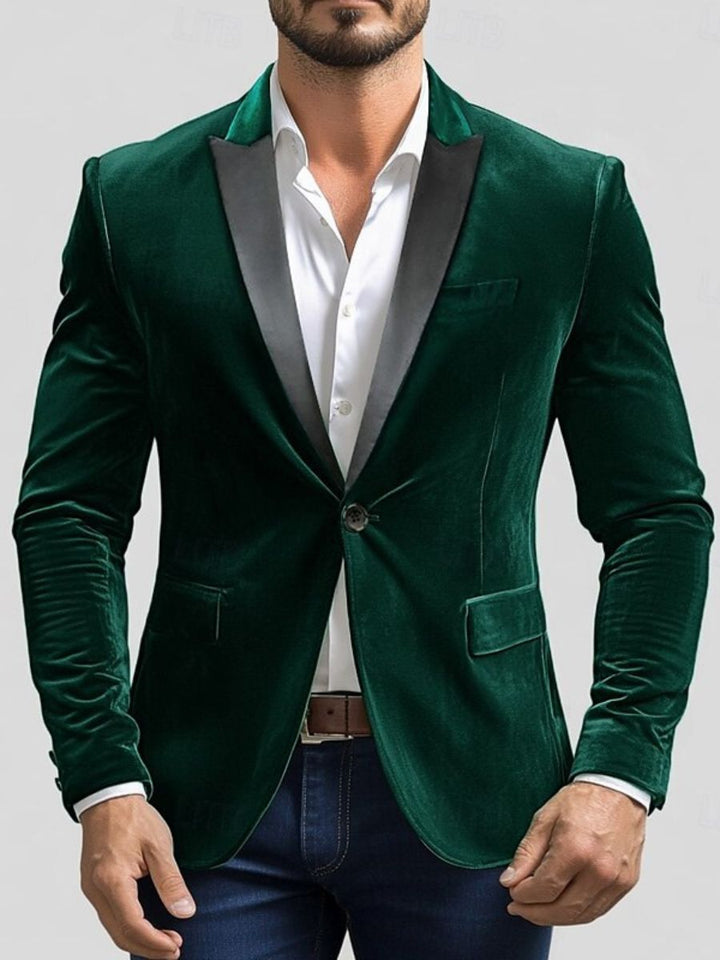 Veste homme verte, velours, soirée, revers cranté, coupe régulière, droit, 1 bouton