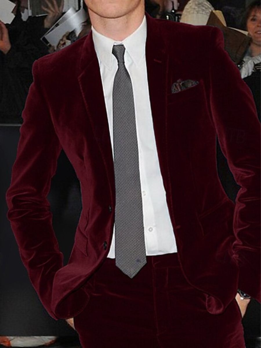 Veste costume homme bordeaux, velours, droit, 2 boutons, uni, pour mariage/soirée