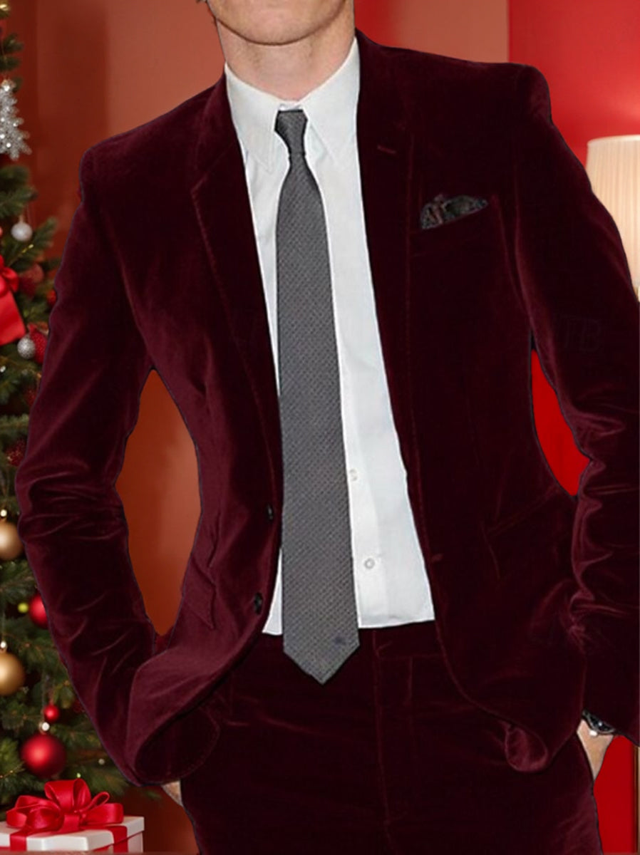 Veste costume homme bordeaux, velours, droit, 2 boutons, uni, pour mariage/soirée