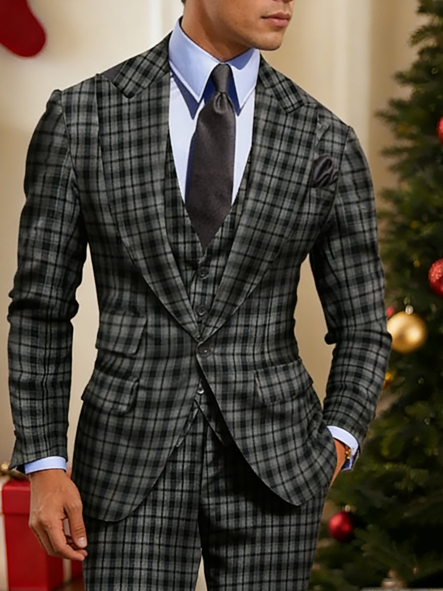 Costume homme 3 pièces gris foncé, à carreaux, coupe ajustée, droit, pour mariage