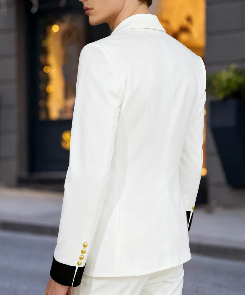 Costume homme 2 pièces blanc, color-block, luxueux, cérémonie, coupe ajustée, croisé, 6 boutons, pour mariage/galas