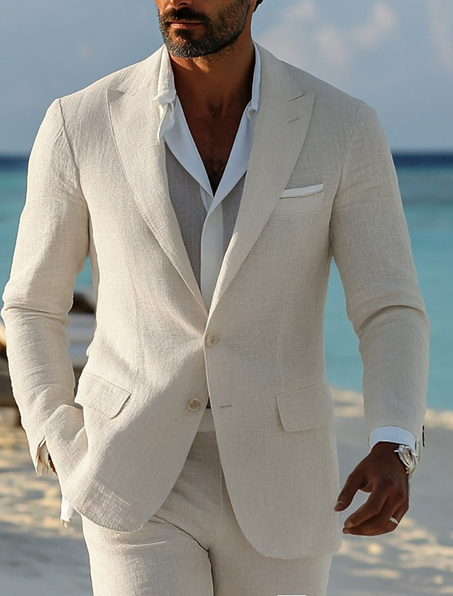 Costume homme 2 pièces, coupe ajustée, droit, 2 boutons, décontracté, pour mariage/plage