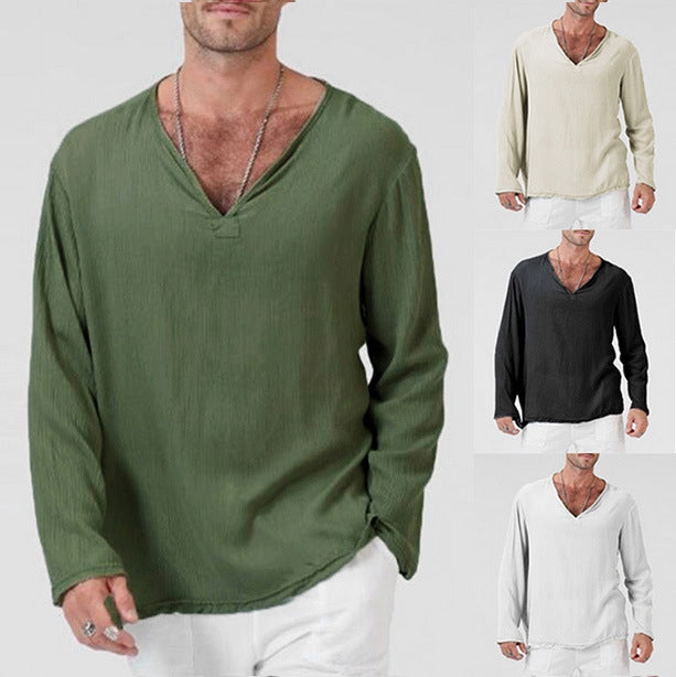 Chemise homme décontractée, col V, manches longues, uni