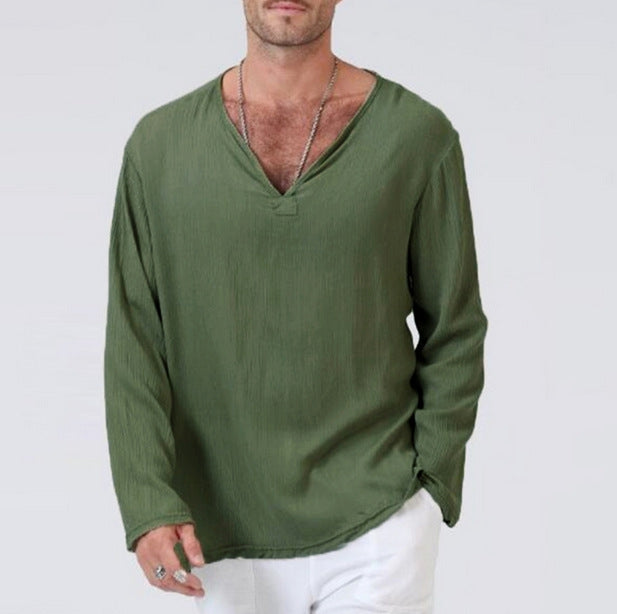 Chemise homme décontractée, col V, manches longues, uni
