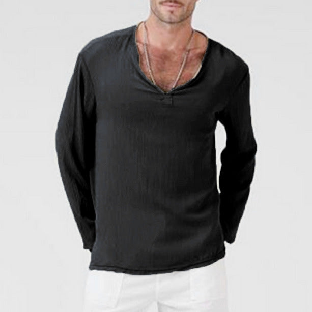 Chemise homme décontractée, col V, manches longues, uni
