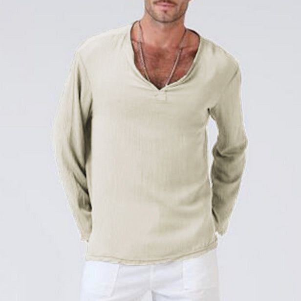 Chemise homme décontractée, col V, manches longues, uni