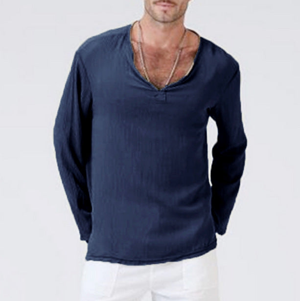 Chemise homme décontractée, col V, manches longues, uni